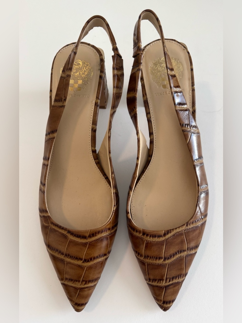 Vince Camuto Hamden Croc Embossed Leather Slingback Pumps Barn Brown Size 10